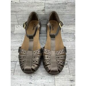 Clarks Metallic Bronze Leather Cutout T-Strap Wedge Sandals Women's‎ 8.5M
